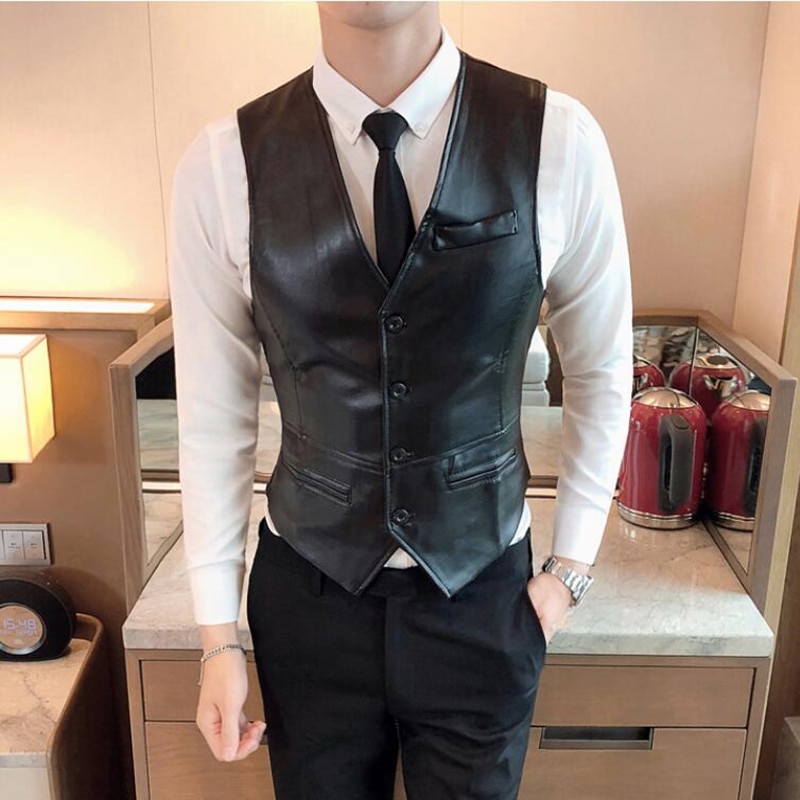 2022 Leather Vest Men New Fashion Casual High Quality Solid Color Single