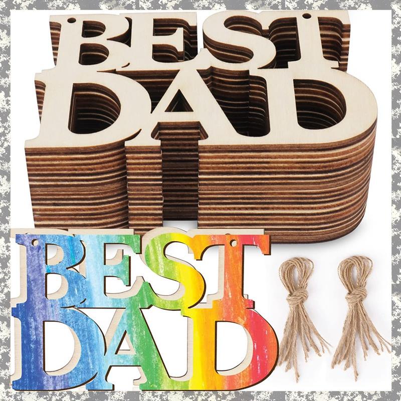(KAJD) 40Piece Best DAD Unfinished Wood Crafts Wood Crafts Gift Tags with String for Father'S Day Gifts