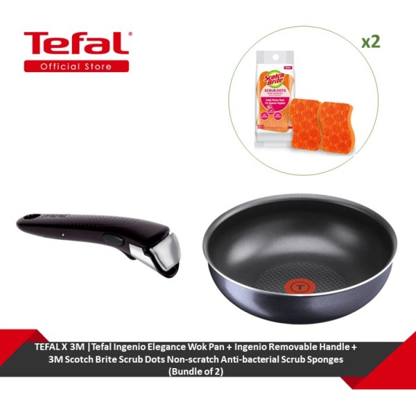 TEFAL X 3M |Tefal Ingenio Elegance Wok Pan + Ingenio Removable Handle + 3M Scotch Brite Scrub Dots Non-scratch Anti-bacterial Scrub Sponges (Bundle of 2) Singapore