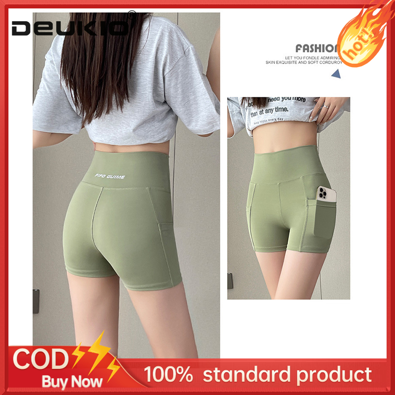 DEUKIO Pocket three-quarter pants for women, thin yoga shorts, leggings, high-waisted abdominal control safety pants ราคา 147 บาท*ส่งฟรี