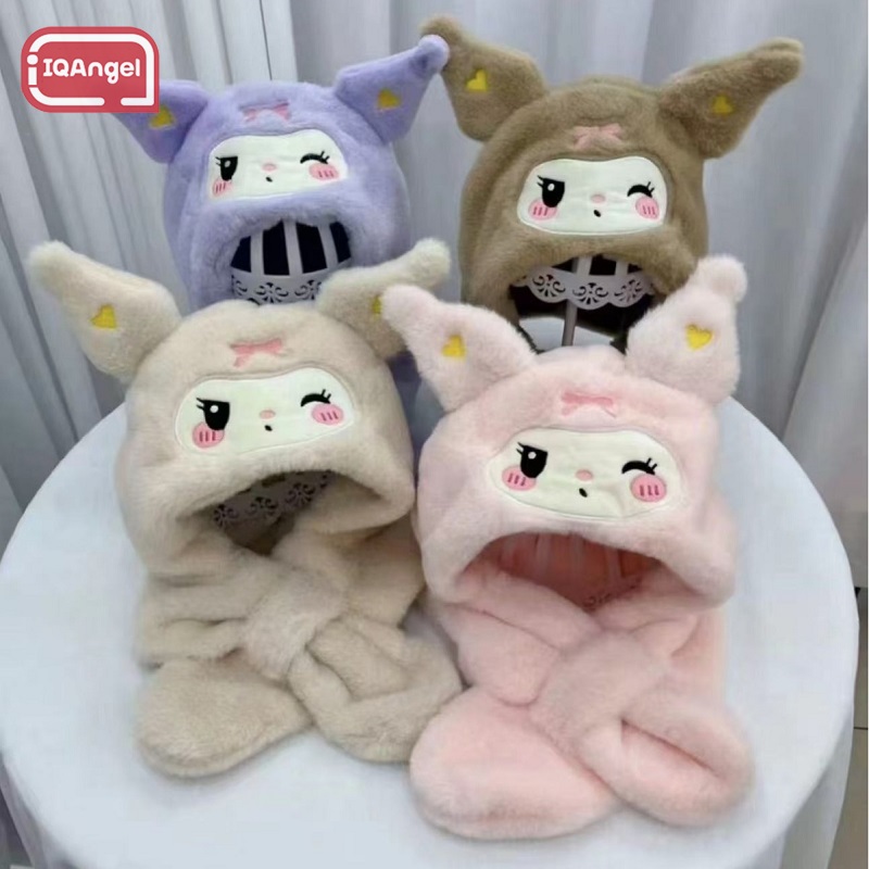 IQANGEL Scarf Kuromi children's hat scarf all-in-one hat Girls cute scarf two-piece set Warm ear protection plush hat ราคา 154 บาท*ส่งฟรี