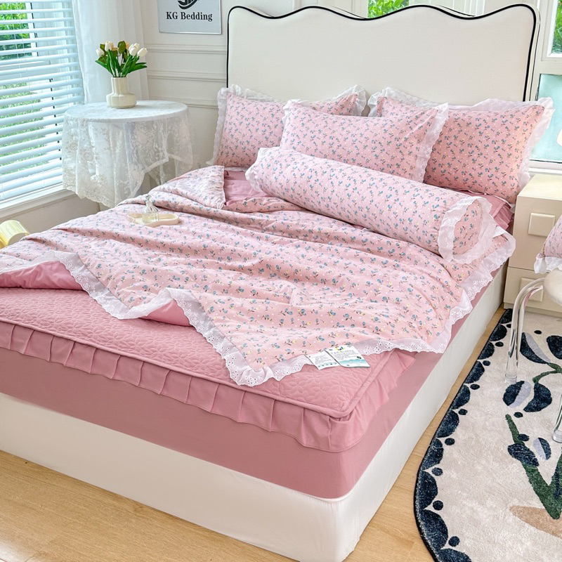Bộ chăn ga cotton đũi chăn hè ga trần bông mới nhất 2023