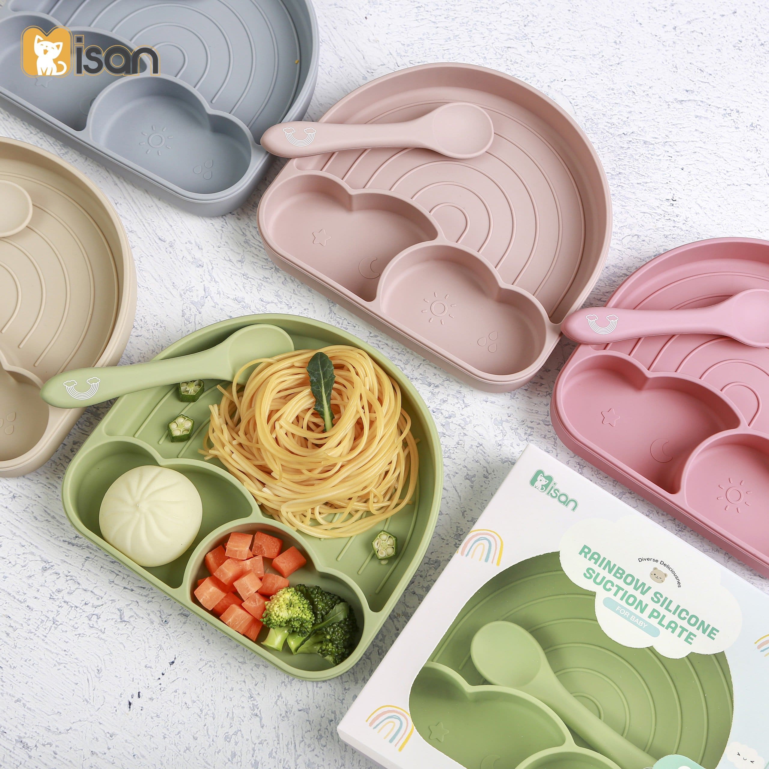 Khay Misan Silicon Mây 3 Ngăn có đế hít kèm muỗng cao cấp cho bé ăn dặm Bebi123shop