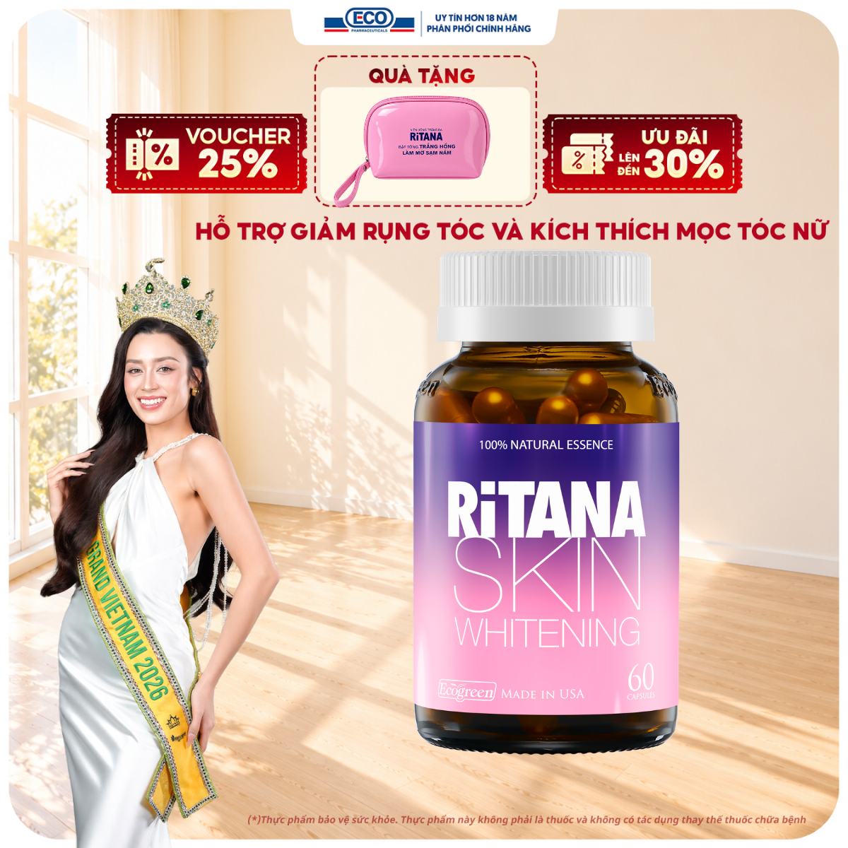 Ritana Ecogreen Skin Whitening Pills Contain Glutathione, Support Fade Melasma, Protect Skin from Sunlight