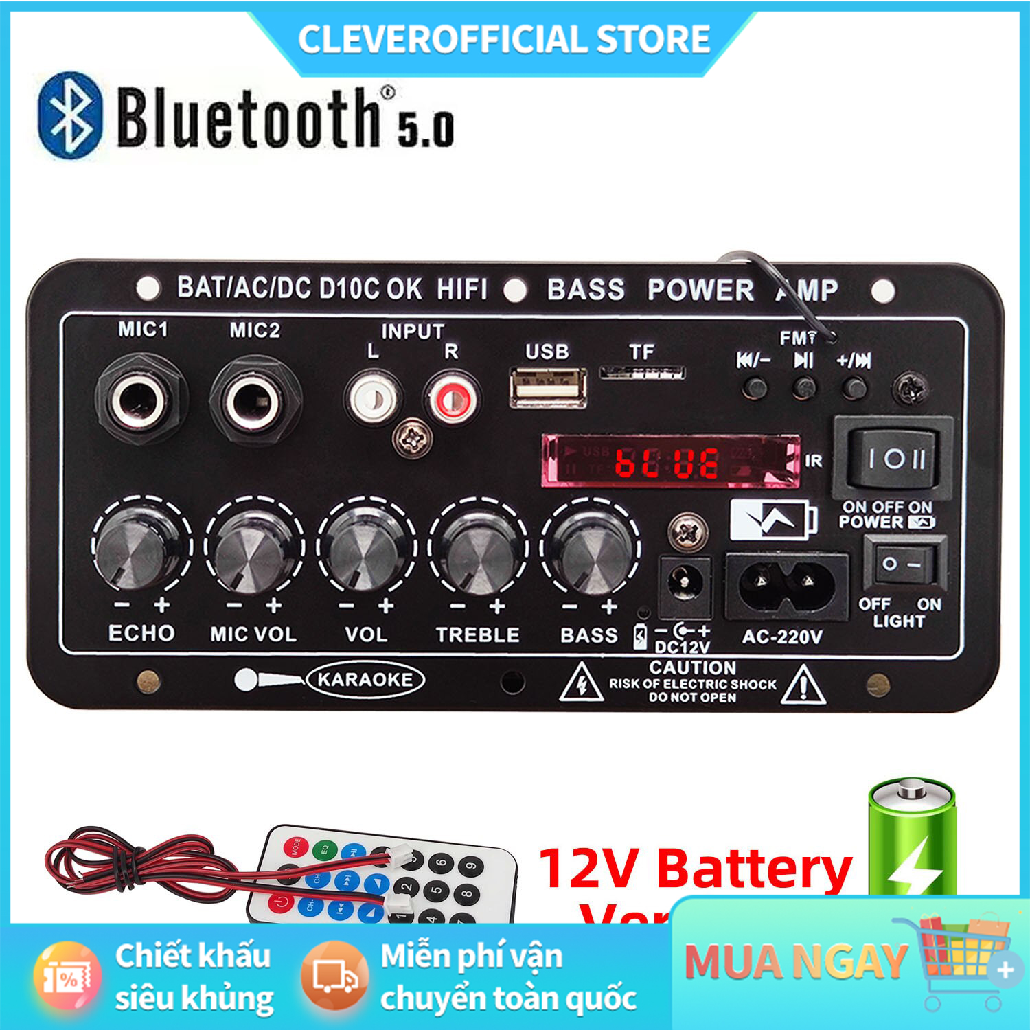 ⚡Miễn Phí Vận Chuyển⚡Chất lượng âm thanh HD 220V 12V kỹ thuật số bảng khuếch đại Bluetooth Loa siêu trầm micro D10