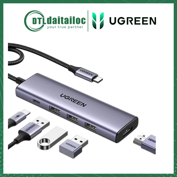 Bộ chuyển đổi usb type c 5 in 1 ra hdmi 4k@30hz, usb 2.0, usb 3.0, sạc pd 100w ugreen 15495
