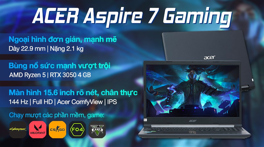 Laptop Acer Aspire 7 Gaming A715 43G R8GA R5 5625U/8GB/512GB/4GB RTX3050/144Hz/Win11 (NH.QHDSV.002)