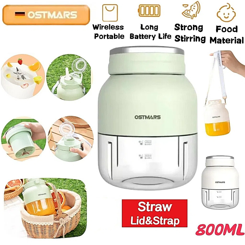 XIAOMI SERVICE Máy Xay Sinh Tố Cầm Tay Đa Năng OSTMARS Dung Tích 800ML 10 Lưỡi Dao Sắc Bén, Máy Xay  Sạc Pin Tích Điện 2IN1 Kiêm Bình Nước Tặng Kèm Dây Đeo Tiện Lợi