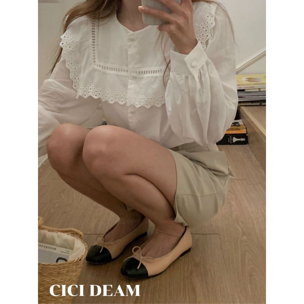 Áo sơ mi kiểu nữ Ulzzang Áo sơ mi cổ bèo phối ren bên tiểu thư xinh xắn