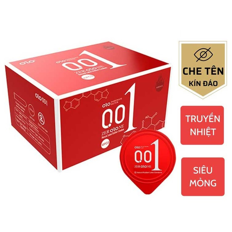 Bao cao su olo 001 siêu mỏng, truyền nhiệt, bcs kéo dài thời gian, nhiều gel bôi trơn, hộp 10 bao.