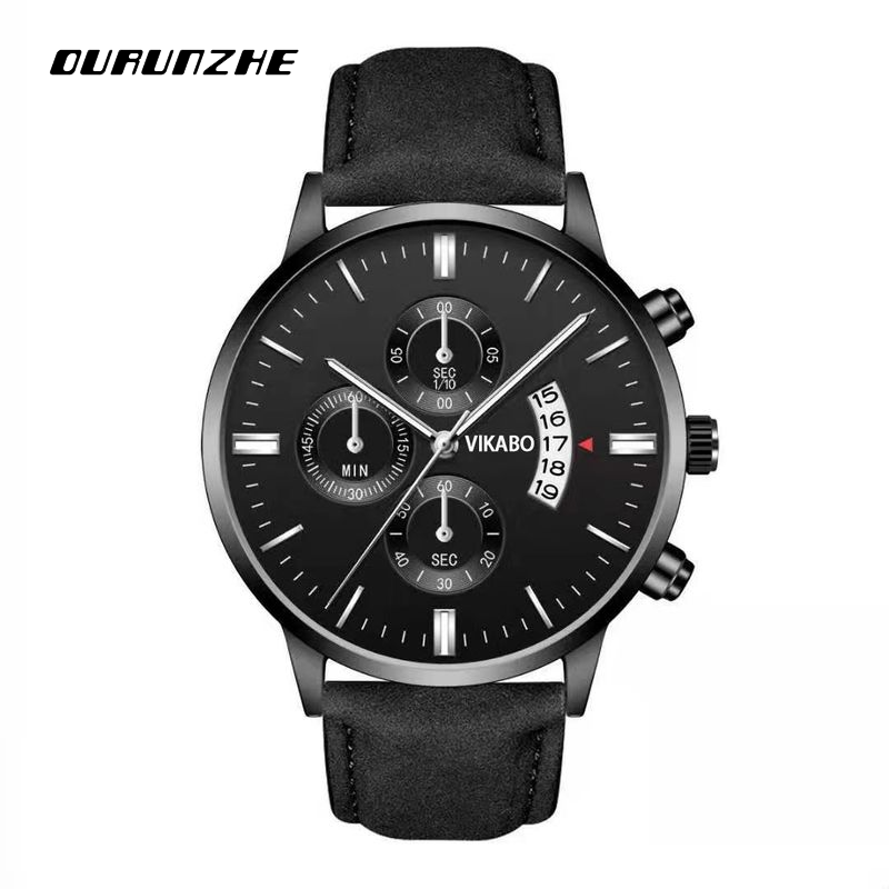 OURUNZHE Fashion Men's Three-Dial Chronograph Leather Watch with Date Display ราคา 75 บาท*ส่งฟรี
