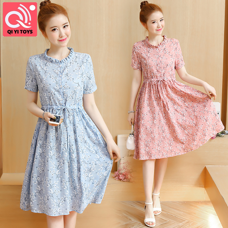 Phụ Nữ Hoa Vành Đai Ngắn Tay Áo Đứng Cổ Áo Ăn Mặc Giản Dị Cho Bà Bầu