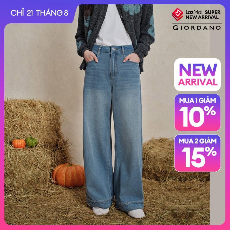GIORDANO Women Jeans Moustache Effect Washed Denim Jeans High Waist Wide Leg Fashionable Casual Loose Denim Pants 18416515
