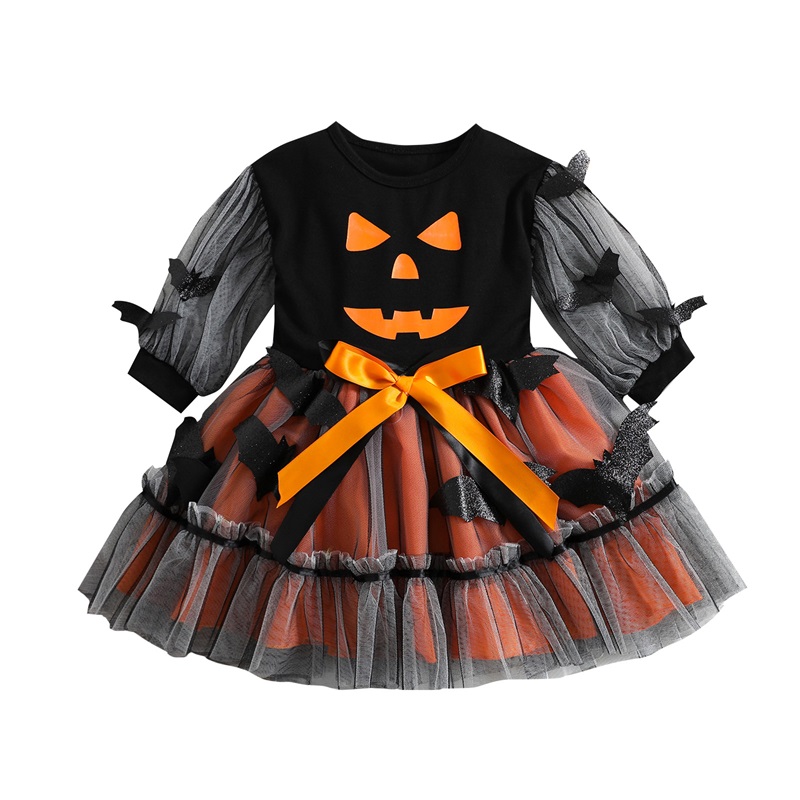 Pickmine 2023 new Little Girl Long Sleeve Dress Halloween Printed Bat