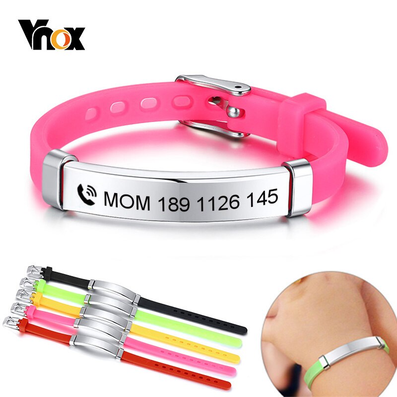 Vnox Cá Nhân Trẻ Em Bé ID Vòng Đeo Tay silicon mềm Rudder Thép Không Gỉ Trẻ Em Cô Gái Chàng Trai Tùy Chỉnh Khẩn Cấp Tên Điện Thoại