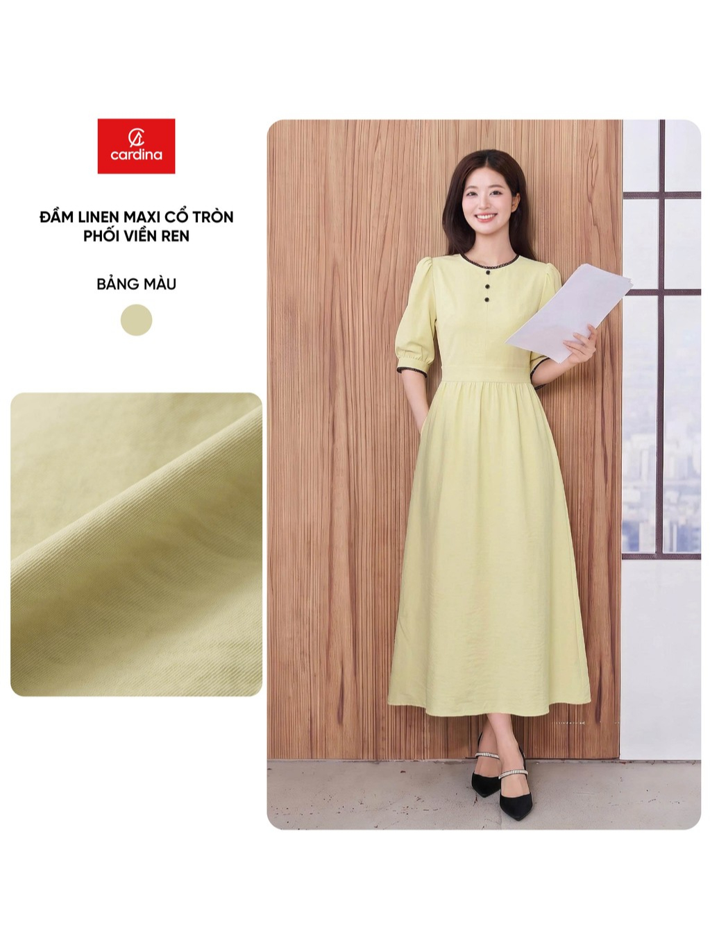 Đầm nữ CARDINA chất liệu linen tay lỡ cổ tròn phối viền ren 6VXD11