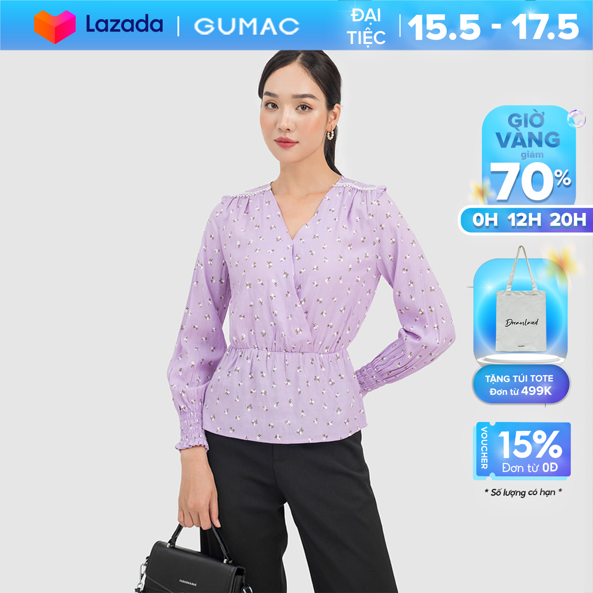 Áo kiểu nữ gumac ac07046, áo peplum hoa nhí thiết kế nhún eo