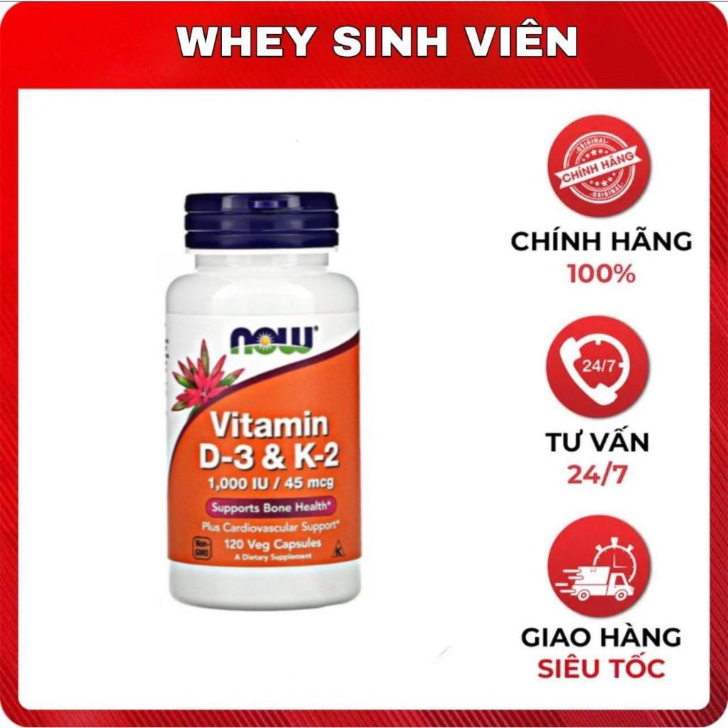 [Giá hủy diệt] [Chính hãng] VITAMIN D3 K2 | Now Vitamin D3 K2 1,000 IU 45 mcg [120 Viên] - Tăng Miễn Dịch Chính Hãng