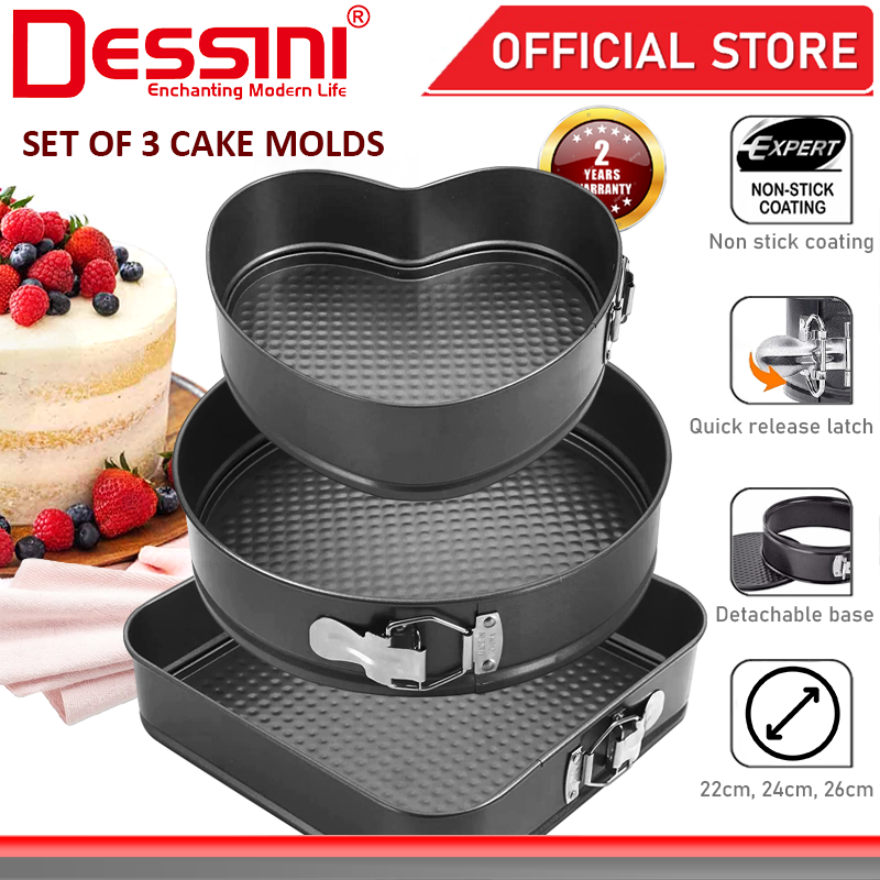 DESSINI ITALY 3 IN 1 Square Round Heart Shape Metal Mold Non Stick Detachable Baking Cake Mould Bake Pan Acuan Kek CM3 1