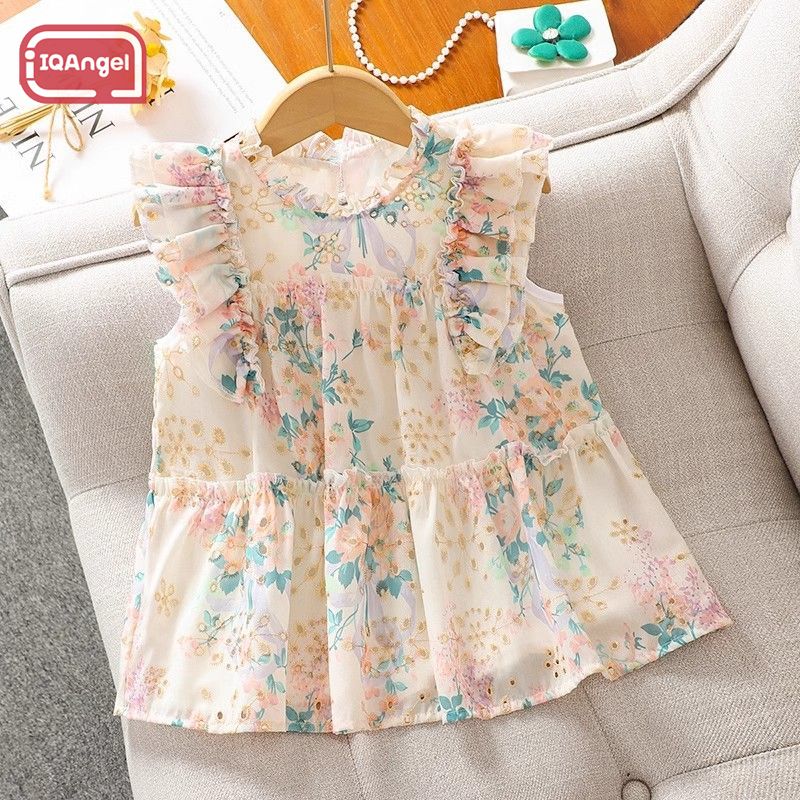 IQANGEL Girls' Dress Top Sweet New Fashionable Floral Shirt Sleeveless Clothes Children's Short Sleeve Top ราคา 162 บาท*ส่งฟรี
