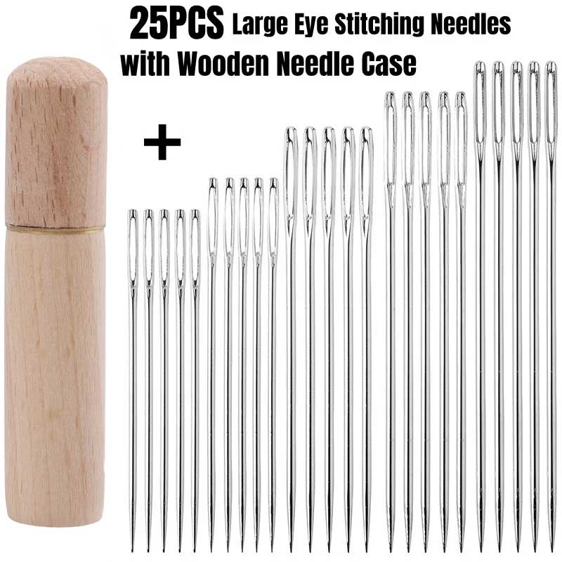 25PCS Large Eye Stitching Needles 5 Sizes Big Eye Hand Sewing Sharp Needles Embroidery Thread Needle with Wooden Needle Case