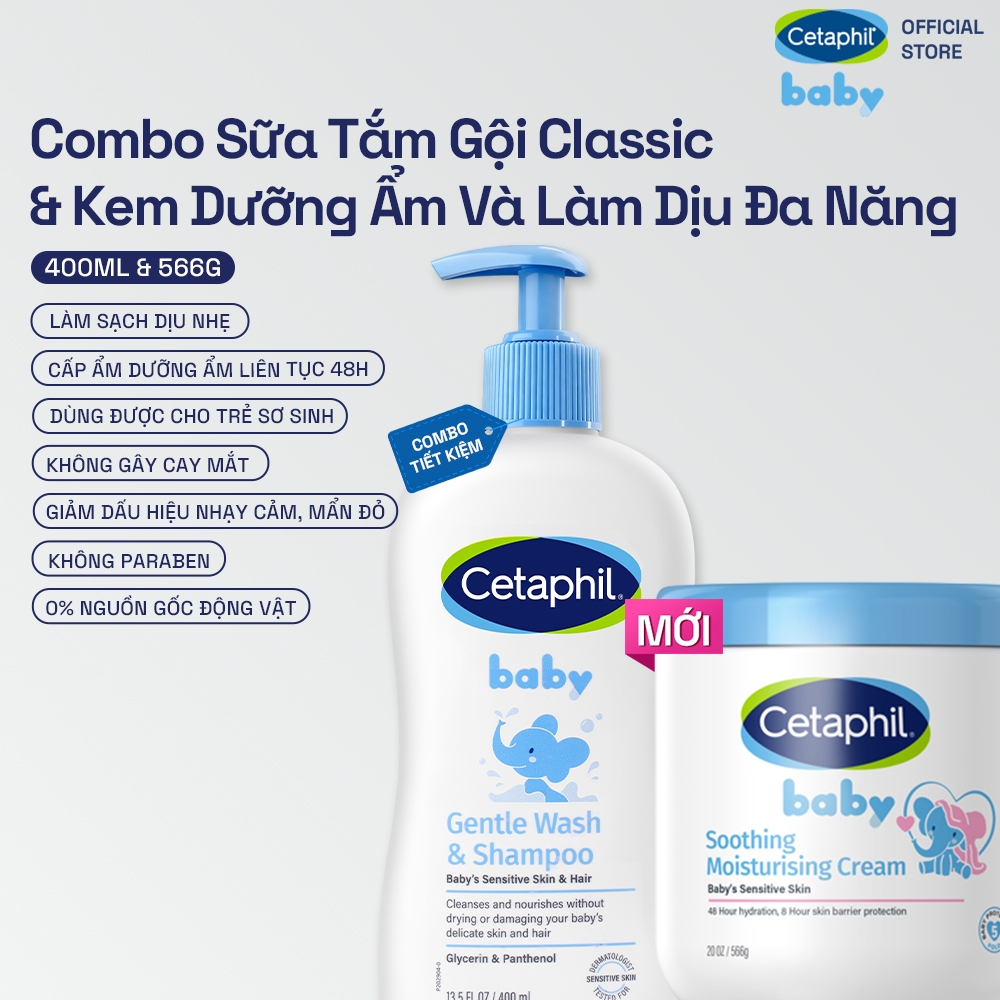 Combo Sữa tắm gội dịu lành cho bé CETAPHIL BABY GENTLE WASH  SHAMPOO 400ML  Kem làm dịu và dưỡng ẩm cho bé Cetaphil Baby Soothing  Moisturising Cream hũ 566g