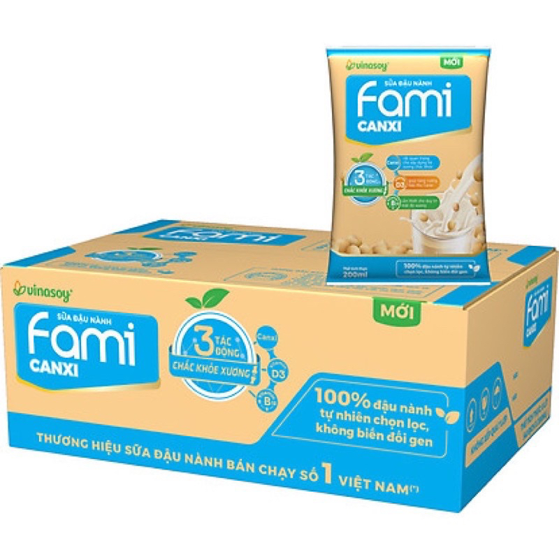 Thùng sữa đậu nành Fami Canxi Nguyên vị 40 bịch x 200ml  Date Mới Nhất