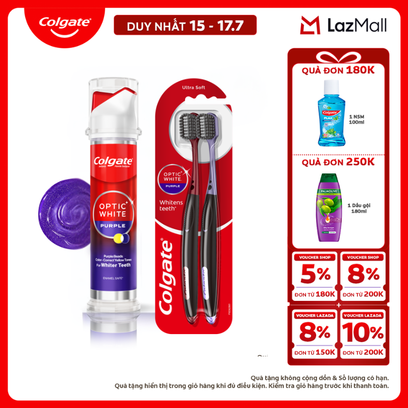 [Chỉ 15-17.7_X2 Voucher giảm đến 18%] Bộ Kem đánh răng Colgate Optic White Purple Vòi nhấn thông minh 130g và 2 bàn chải trắng răng