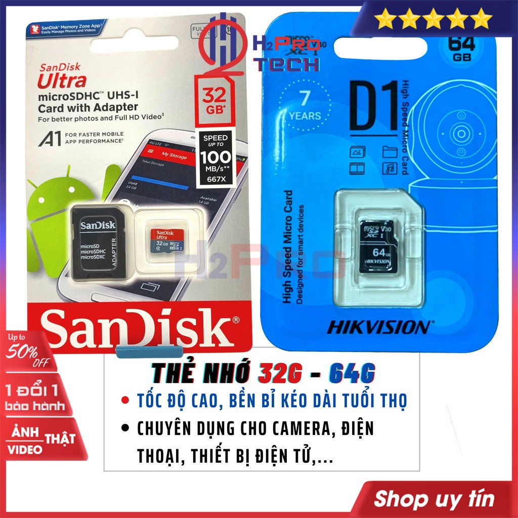 Thẻ Nhớ 64G 32G 8G Micro SD Sandisk Hikvision Chuyên Dụng Cho Camera Máy Ảnh Đài Nghe Nhạc Điện Thoại H2pro Tech