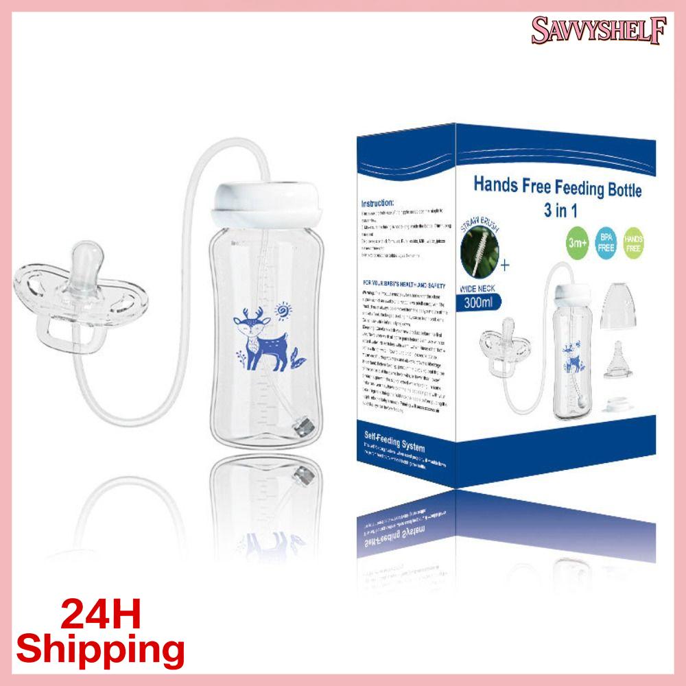 SAVVYSHELF 3 trong 1 Bình sữa cho bé không cần dùng tay Cổ rộng 300ML Bình sữa Sáng tạo với bàn chải rơm Bình đựng sữa