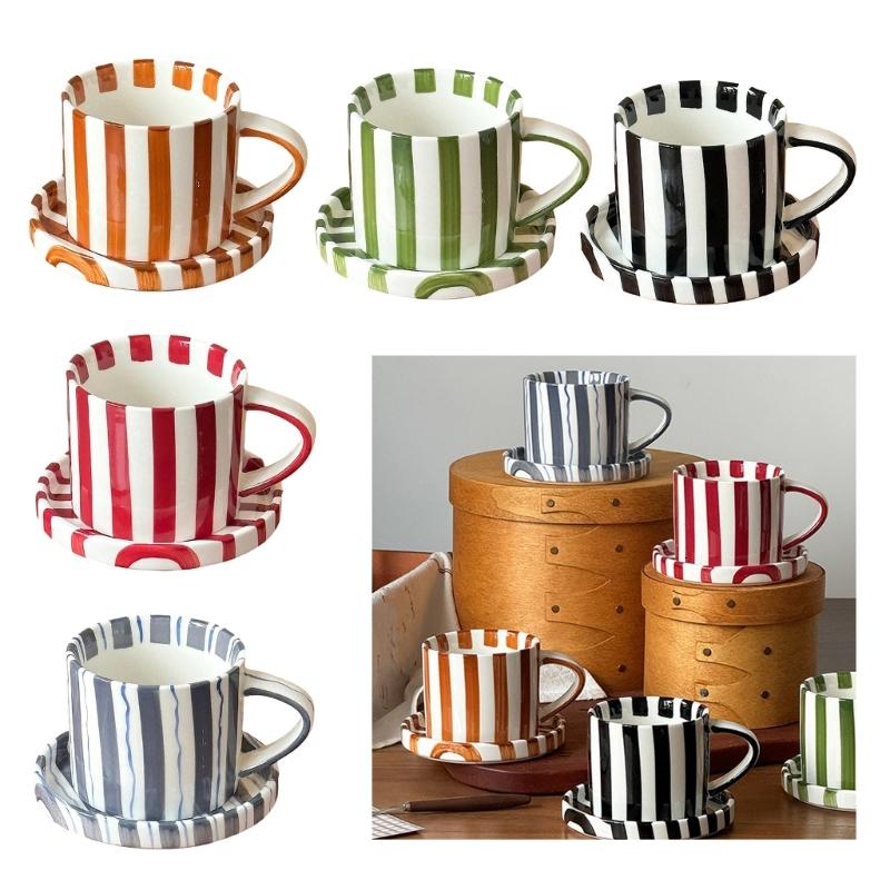 5Inch Striped Ceramic Coffee Mugs and Saucer Set Elegant Designs for Home Office Use