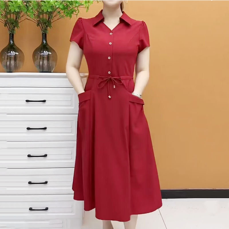 Cỡ lỡn quần áo của mẹ tay ngắn Váy Đầm dài thời trang flavour thanh lịch TRUNG NIÊN phụ nữ phong cách Hàn Quốc phiên bản mới hiển thị ve áo thon một dòng váy