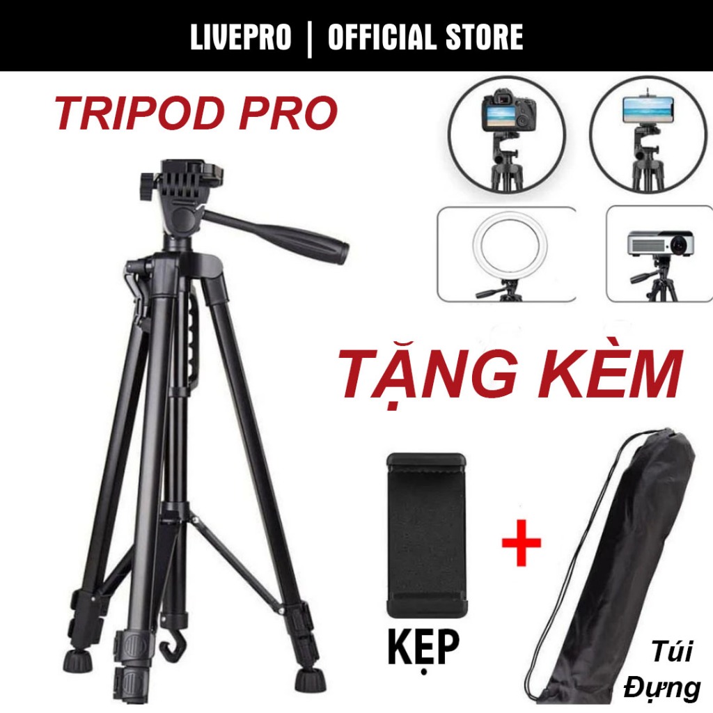 Tripod điện thoại máy ảnh, Chân máy ảnh quay video livestream chuyên nghiệp Livepro khung hợp kim cao cấp