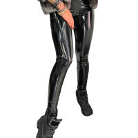 Women Solid Color Faux Leather Pencil Pants High Waist Mirror Surface Solid Color Shinny Slim Trousers Sexy Nightclub Pants