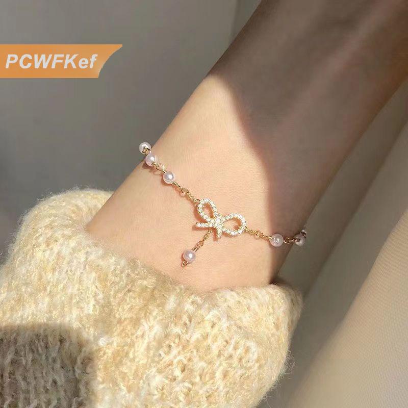 【PCWFKef】 Thời trang Tính khí pha lê Bow pendent Charm Bracelet Bangle đối với phụ nữ hợp thời trang đồ trang sức quà tặng Đảng