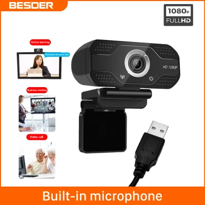 BESDER 1080P HD Webcam 130° Wide Angle Auto Focus Webcam 2MP USB Plug and Play Desktop Laptop Webcam Buil-in Microphone Video Conference Webcam for PC / Laptop