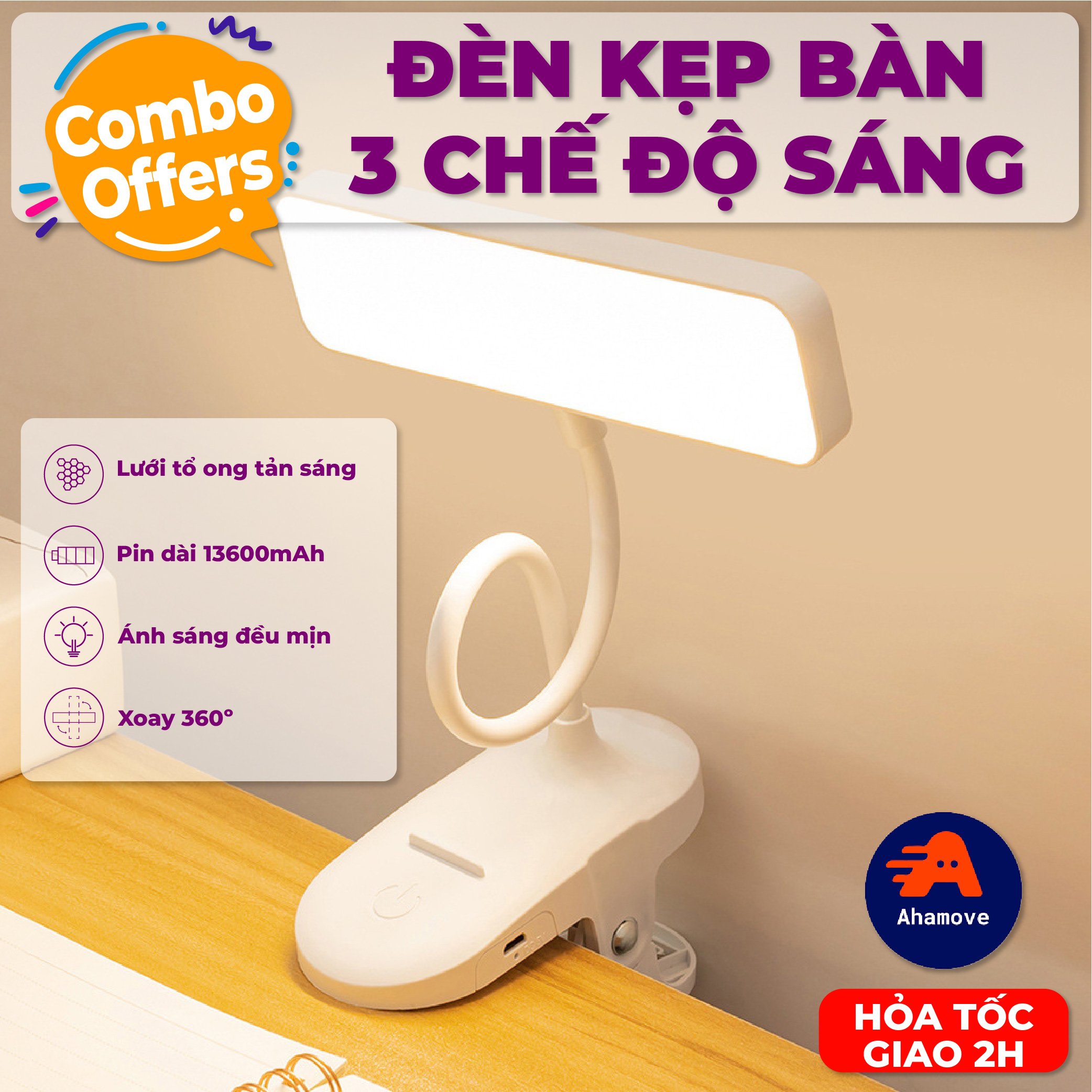 Đèn Học Kẹp Bàn, Đèn Học Bảo Vệ Mắt, Đèn Học Chống Cận, Đèn Học 3 Chế Độ Sáng, Đèn Kẹp Bàn Học Bảo Vệ Mắt Chống Loá Sạc Tích Điện
