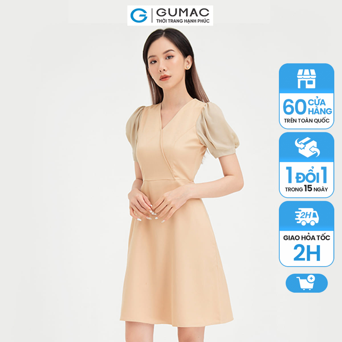 Váy đầm nữ đẹp kiểu dáng  cổ V phối tay thời trang GUMAC mẫu mới DB442