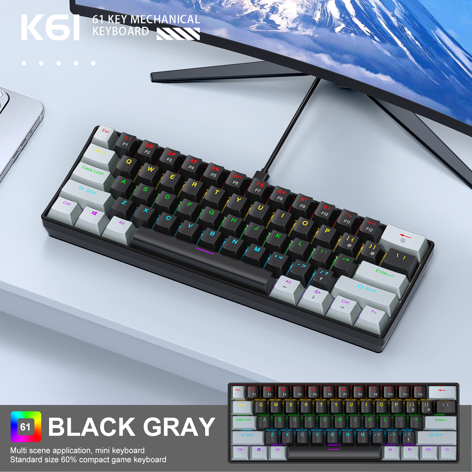 APAYADO K61 Mini Wired Mechanical Keyboard 61 Keys Red/Blue Switch Phantom RGB Lighting 60% Portable