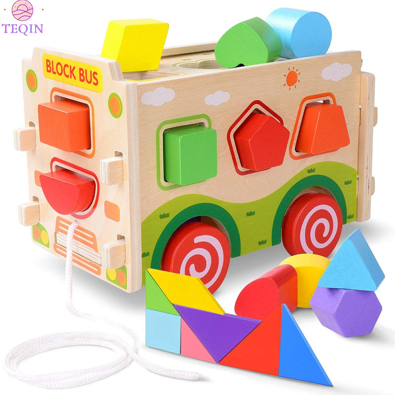 TEQIN IN stock Kids Montessori Wooden Assembly Shape Matching Train Toy Puzzles Building Blocks Educational Toy Teaching Aids