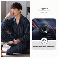 GO THRU ชุดชุดนอนผ้าฝ้าย100% สำหรับผู้ชายดีไซน์ลายทางและกระเป๋าที่ใช้งานได้จริงสำหรับ Comfort ฤดูใบไม้ผลิและฤดูใบไม้ร่วง