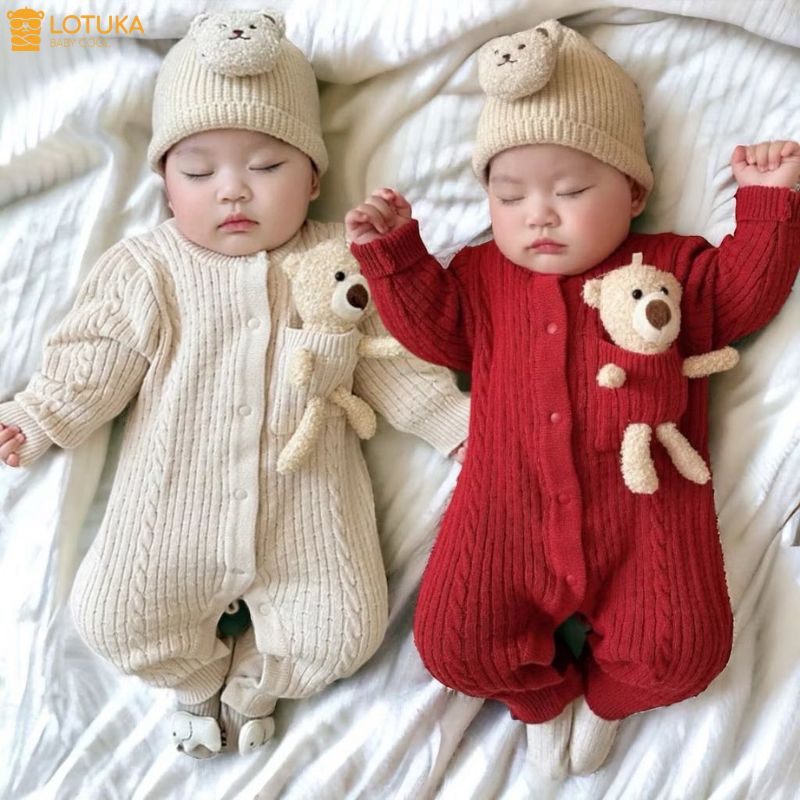 Bodysuit Len Dài Tay Túi Gấu Bông Mềm Ấm Áp, Bộ Đồ Liền Thân Thu Đông LOTUKA Bé Trai Bé Gái, Quần Áo Trẻ Em 3-12kg