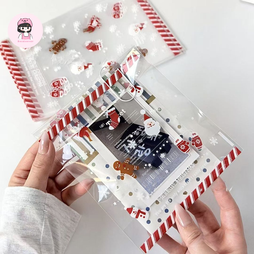 Set 20 Túi Dán Giáng Sinh Viền Sọc Đỏ 15x23cm Gói Hàng Midi Corner