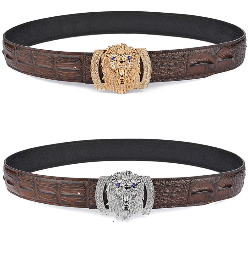 [FRMEY] Hi-Tie Crocodile Brown Leather Coffee Men's Belt Luxury Gold lion Buckle Cowskin Genuine Leather Belt for Jeans Belt Men Gifts