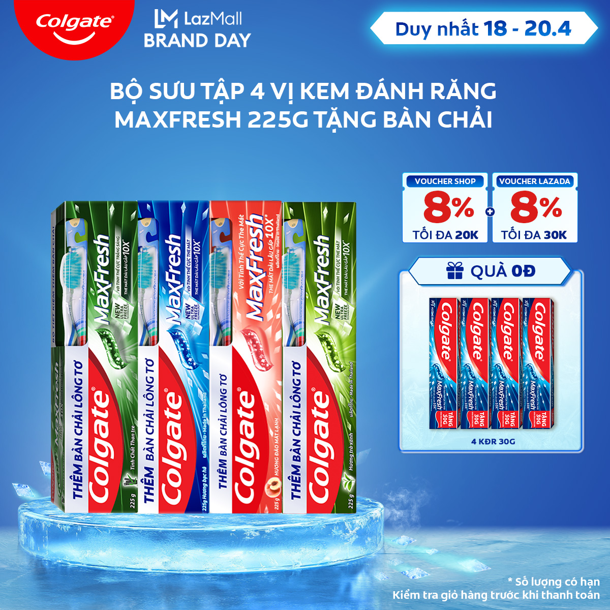 [Chỉ 18 - 20.4_Áp Voucher Shop 8% + Voucher Lazada 8%] Bộ sưu tập 4 kem đánh răng Colgate Maxfresh 225g (Tặng bàn chải lông tơ)