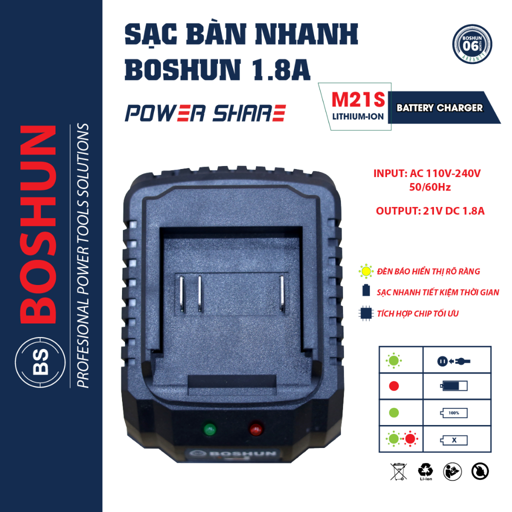 Sạc Pin máy khoan - Máy siết bulong - Máy Mài Boshun 1.8A Chân pin phổ thông sạc siêu nhanh bảo hành chính hãng