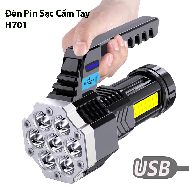 Đèn pin sạc xách tay 7 bóng led h701, tích hợp usb sạc điện thoại, đèn hông