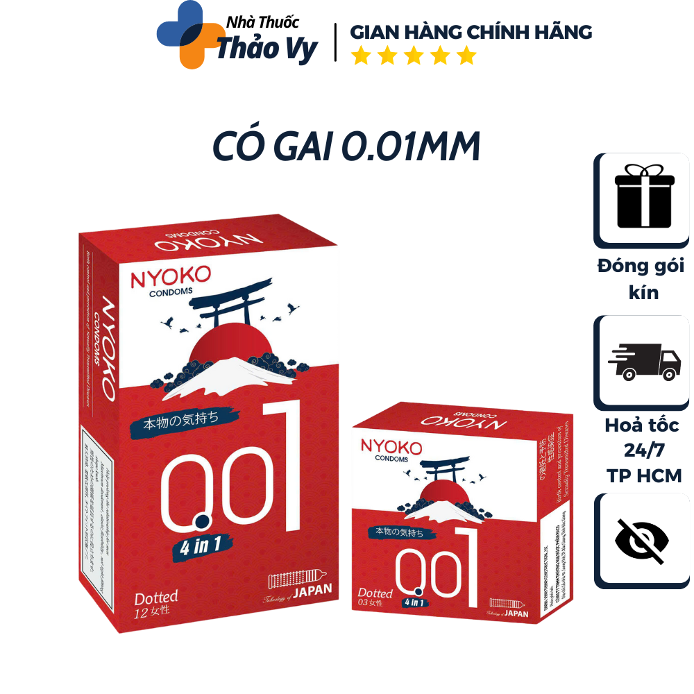Bao Cao Su NYOKO có gai, siêu mỏng 0,01mm, kéo dài nhập khẩu Nhật Bản - Có Gai