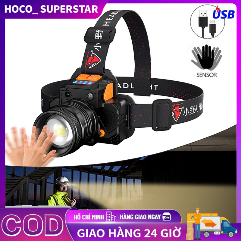 Đèn đội đầu siêu sáng đèn pin đội đầu cảm biến Outdoor Headlamp Rechargeable LED Headlights Adjustable Light Headlamp Waterproof Strong Light Telescopic Zoom Head-mounted Lamp