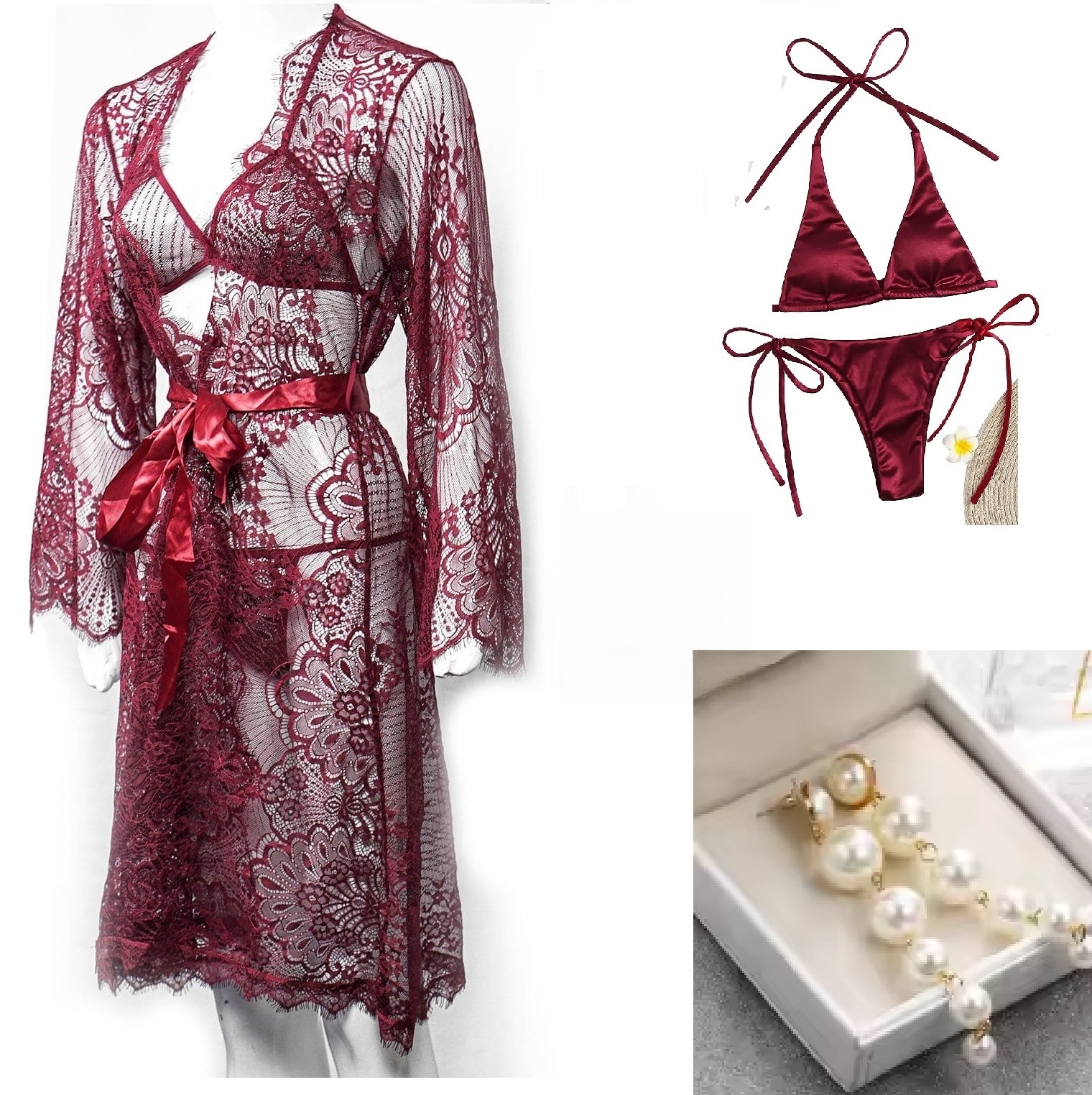 Pack of 04 - High Qaulity Lace Net See Through Bridal Nighty Set Pratiharye Valentine Special! Babydoll Nightwear Net Robe/Chemise with Bikini Set | Hot & Saxy | for Honeymoon/First Night Anniversary for Women/Girls Best gift with Amazing Earrings